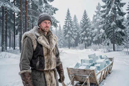 Homme en tenue nordique rustique debout à côté d'un traîneau chargé de blocs de glace dans une forêt enneigée scandinave, illustrant le personnage de Kristoff de La Reine des Neiges
