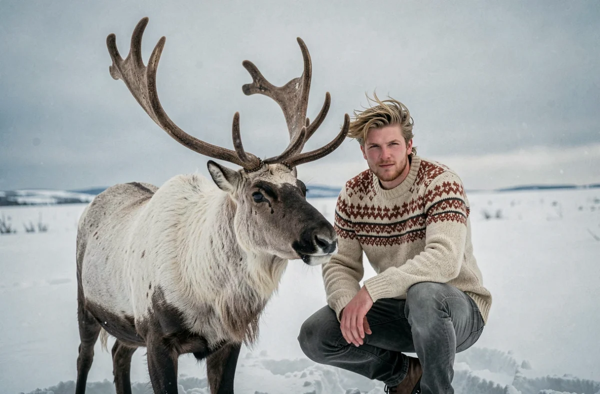 Jeune homme blond en pull nordique accroupi aux côtés d'un renne aux grands bois dans une toundra enneigée, évoquant l'univers de Kristoff dans La Reine des Neiges