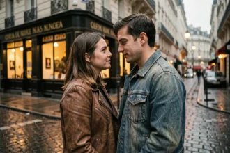 Couple français dans la vingtaine sur une rue pavée mouillée à Paris, ambiance cinéma français années 90, pour illustrer le film L'Amour Ouf sur Netflix