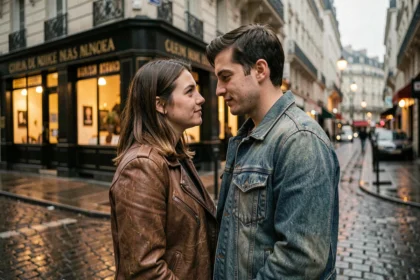 Couple français dans la vingtaine sur une rue pavée mouillée à Paris, ambiance cinéma français années 90, pour illustrer le film L'Amour Ouf sur Netflix