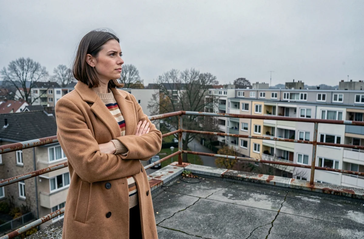 Femme française sur un toit de banlieue regardant l'horizon urbain, ambiance mélancolique et réaliste inspirée du film L'Amour Ouf diffusé sur Netflix en 2026