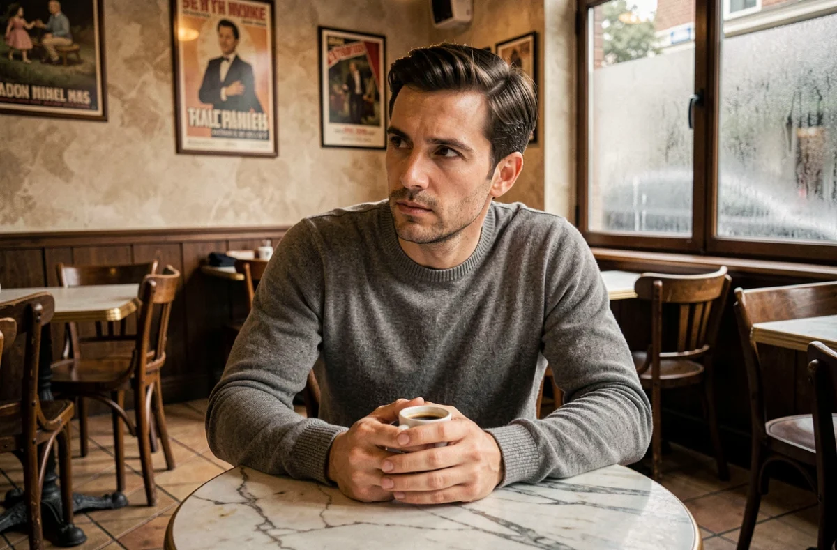 Homme français pensif attablé seul dans un café parisien vintage, évoquant la solitude et la tension émotionnelle du film L'Amour Ouf sur Netflix 2026