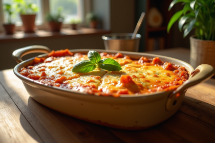 Lasagne de courgette dorée sortie du four avec basilic frais