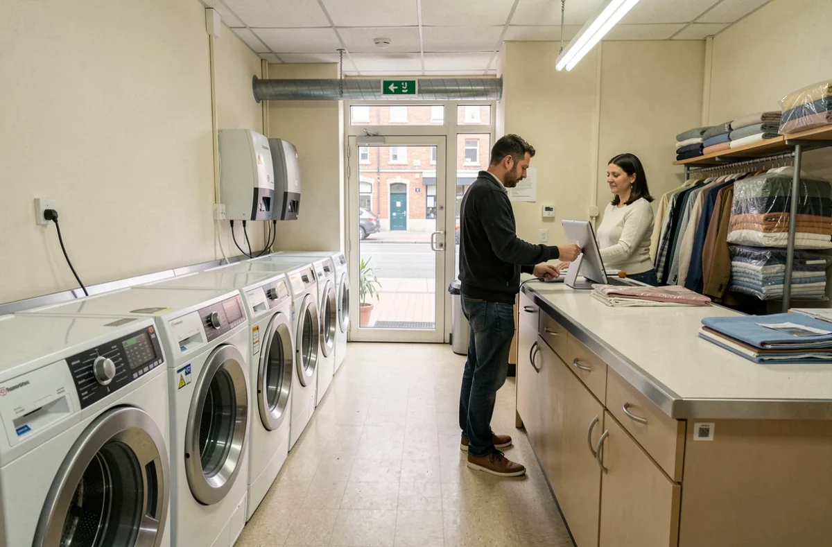 Intérieur de la Laverie de la Gare à Melun avec zone libre-service et comptoir pressing