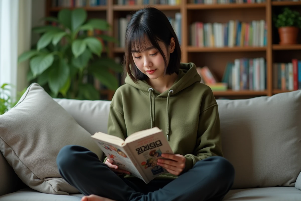 Jeune femme lisant un manga isekai chez elle avec des étagères de figurines anime en arrière-plan
