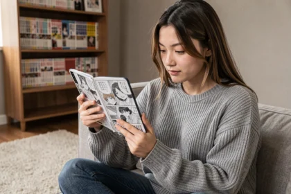 Jeune femme lisant un scan manga sur smartphone confortablement installée dans son canapé