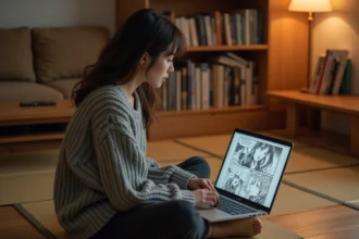 Jeune femme lisant des scans manga en ligne sur un ordinateur portable dans un salon japonais minimaliste