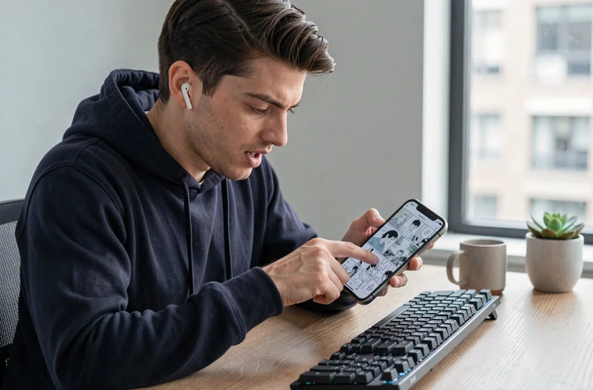 Homme lisant un scan en format paysage sur smartphone dans un bureau minimaliste