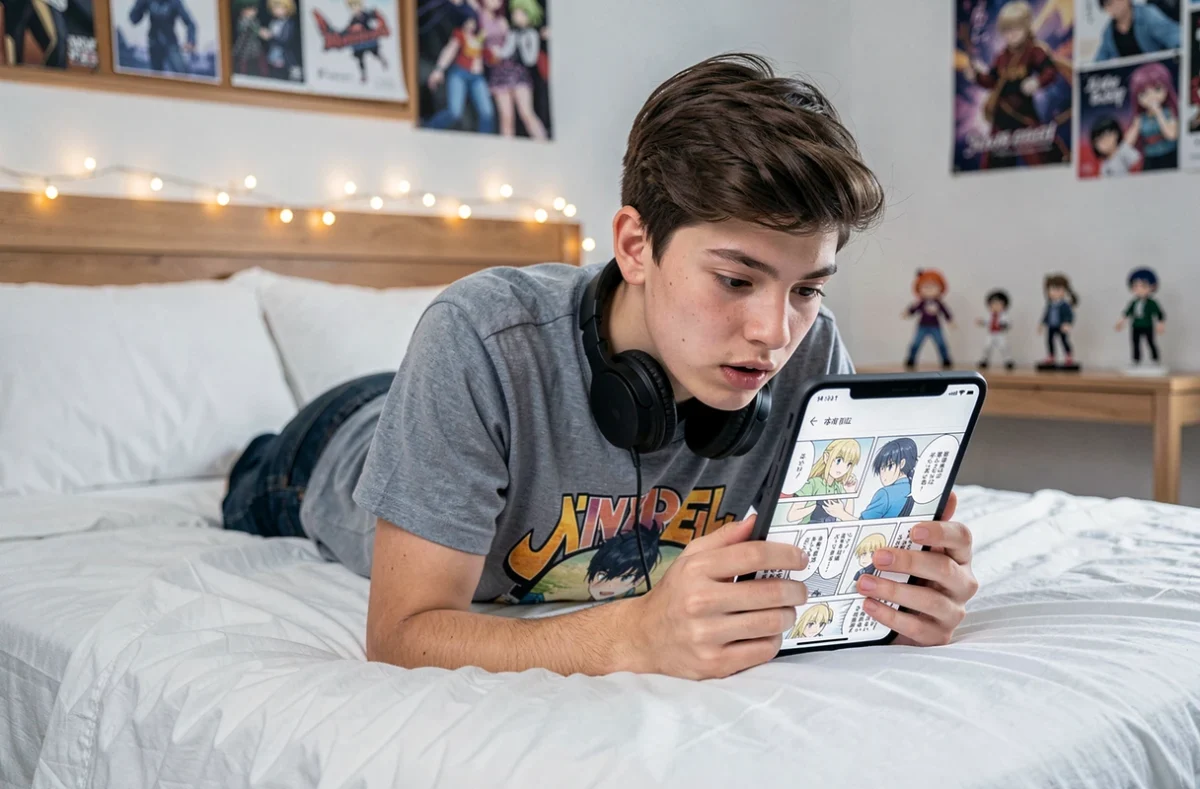 Jeune adulte allongé sur son lit lisant un scanlation manga en scroll vertical sur smartphone