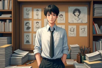 Jeune homme en studio de mangaka entouré de volumes de manga Hunter Hunter et croquis de personnages, illustrant les différences entre manga et anime
