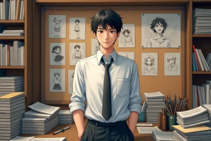 Jeune homme en studio de mangaka entouré de volumes de manga Hunter Hunter et croquis de personnages, illustrant les différences entre manga et anime