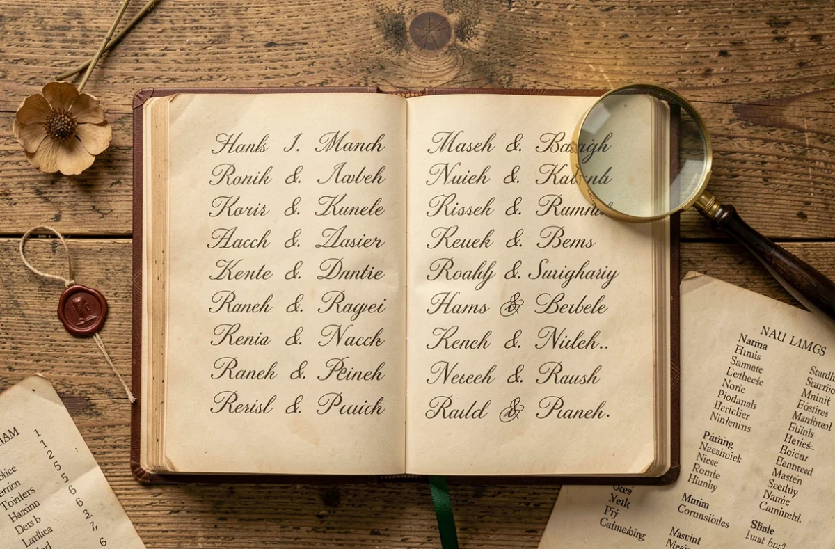 Livre vintage ouvert avec des prénoms en écriture cursive sur une table en chêne rustique, vue de dessus