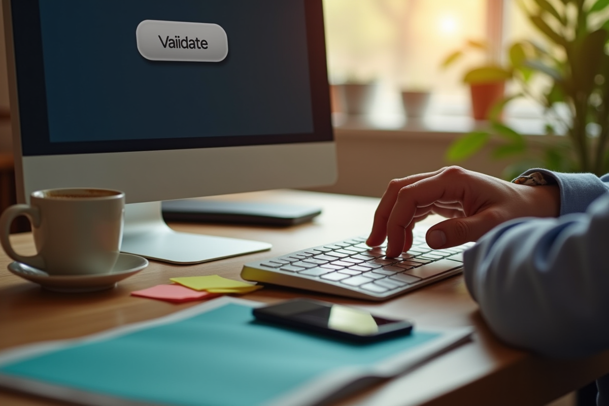 Main près du clavier avec notes et tasse de café