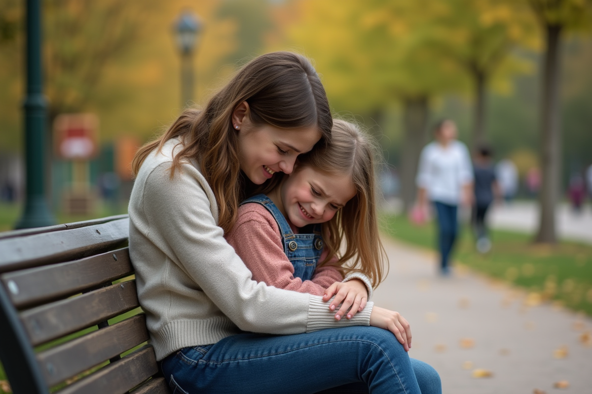 Maman réconfortant sa fille dans un parc en plein air