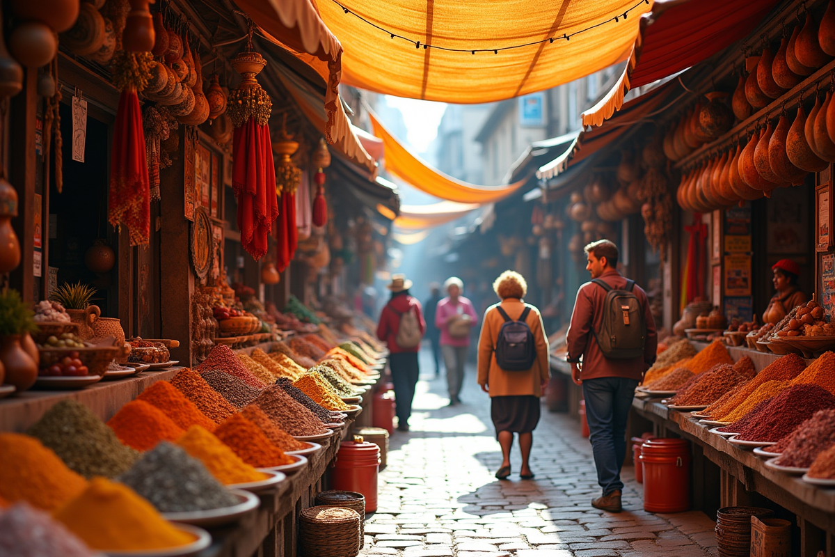 Marché local coloré avec épices poterie et textiles en plein soleil