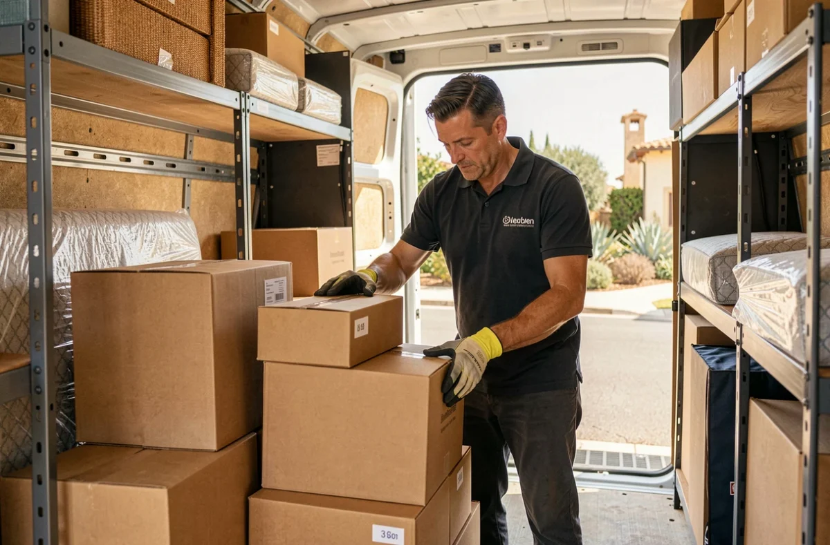 Déménageur Marlex organisant des cartons étiquetés à l'intérieur d'un camion de déménagement à Aix-en-Provence
