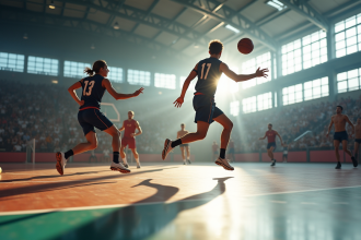 Match de handball en action dans une salle moderne