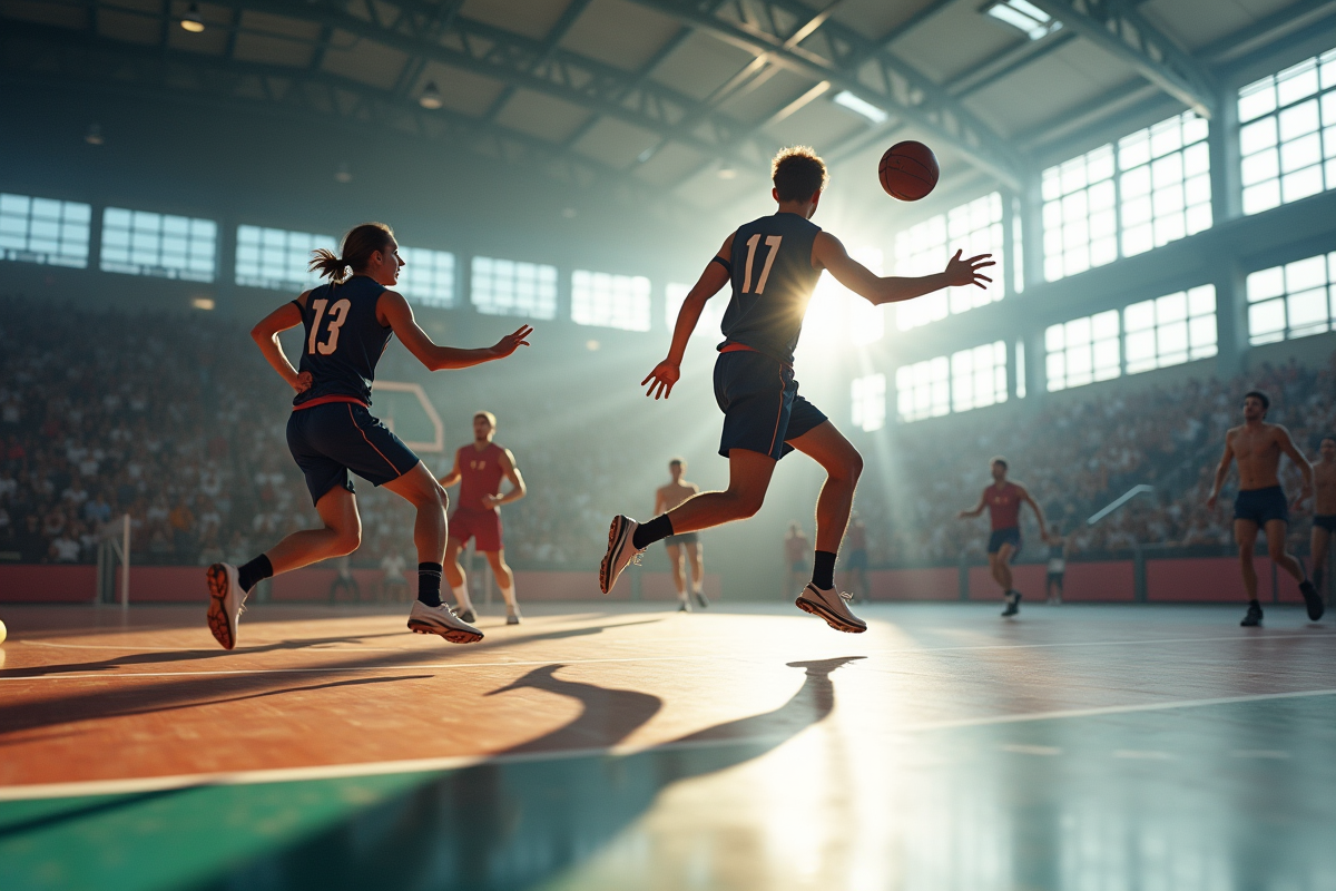 Match de handball en action dans une salle moderne