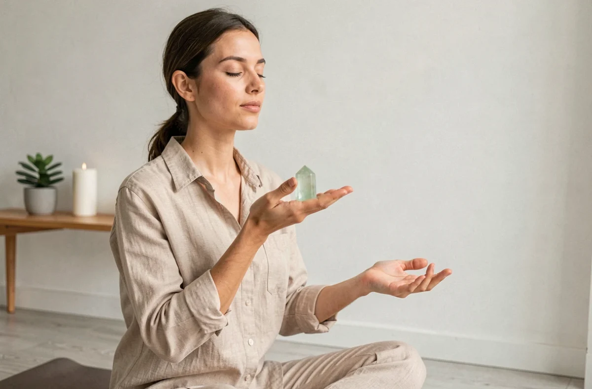 Femme en méditation tenant une pierre verte claire dans la main dans un intérieur minimaliste et apaisant