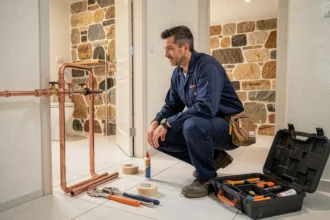 Plombier professionnel travaillant dans une salle de bain à Clermont-Ferrand avec des outils et des tuyaux en cuivre