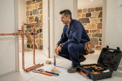 Plombier professionnel travaillant dans une salle de bain à Clermont-Ferrand avec des outils et des tuyaux en cuivre