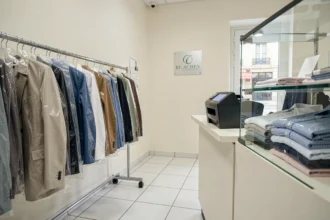 Intérieur d'un pressing moderne en Seine-et-Marne avec des vêtements propres sous housses sur un portant
