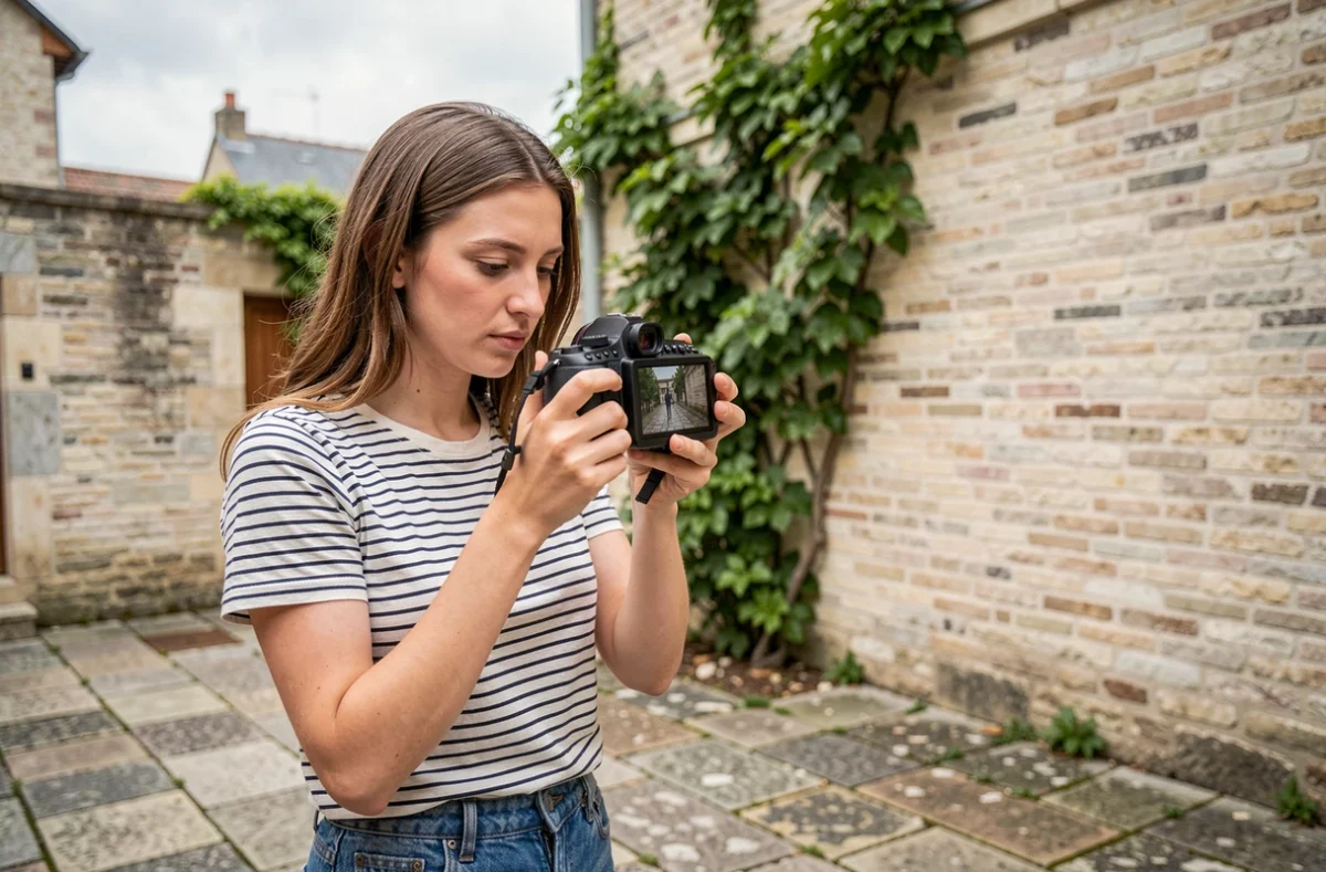 Melody Bucci, photographe souriante consultant ses photos dans une cour en pierre à Auchy-les-Mines