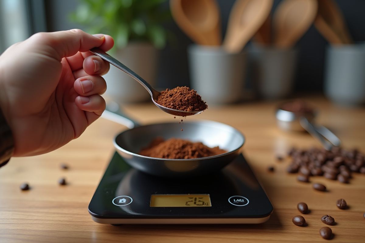 Main versant du cafe moulu sur une balance de cuisine moderne