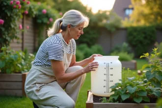 Femme mesurant le volume d'eau en litres dans un réservoir de jardin pour l'arrosage de ses légumes