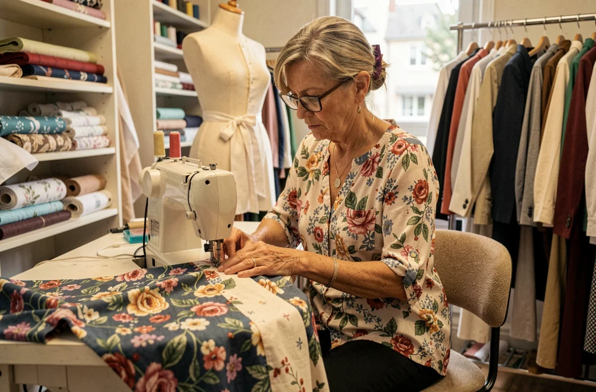 Couturière du pressing Miranda réalisant des retouches sur machine à coudre à Marne-la-Vallée