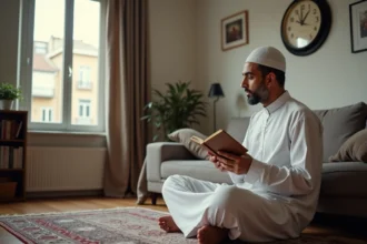 Musulman priant dans son salon parisien calme