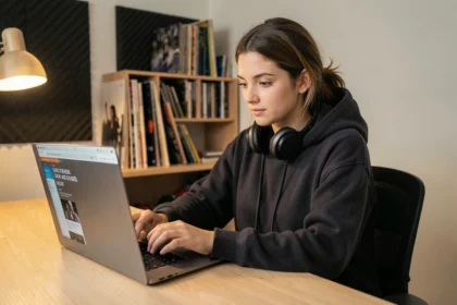 Jeune femme consultant une newsletter de blog musique électronique sur son ordinateur portable dans un studio home recording