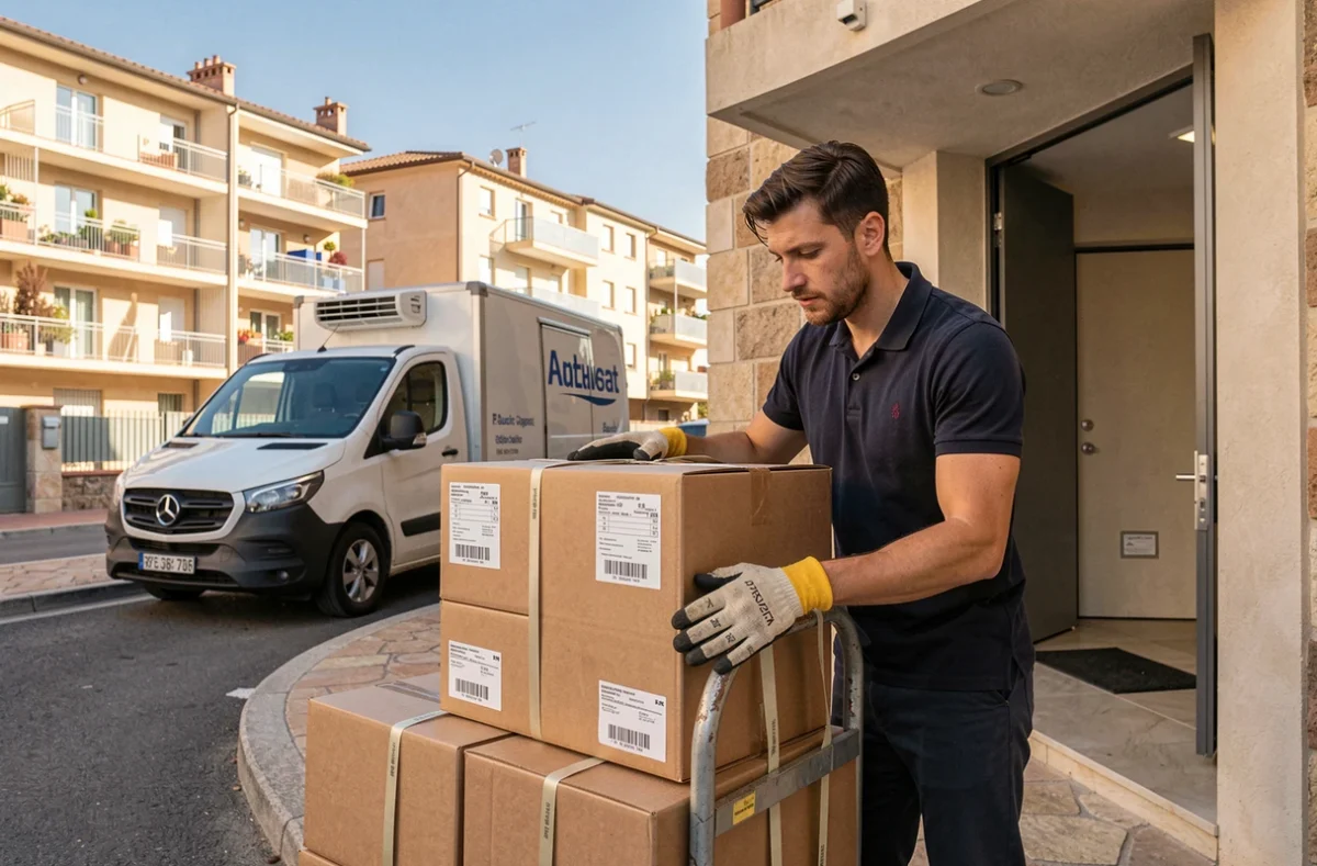 Déménageur NZ Déménagements sanglant des cartons sur un diable devant un immeuble à Aix-en-Provence