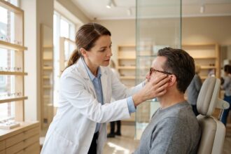 Opticienne ajustant des lunettes à un client dans une boutique optique moderne, illustrant le remboursement 100% Santé optique