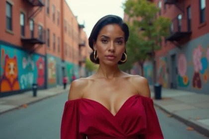Femme latina confiante en blouse rouge dans un quartier urbain du Bronx, évoquant les racines culturelles portoricaines de Jennifer Lopez