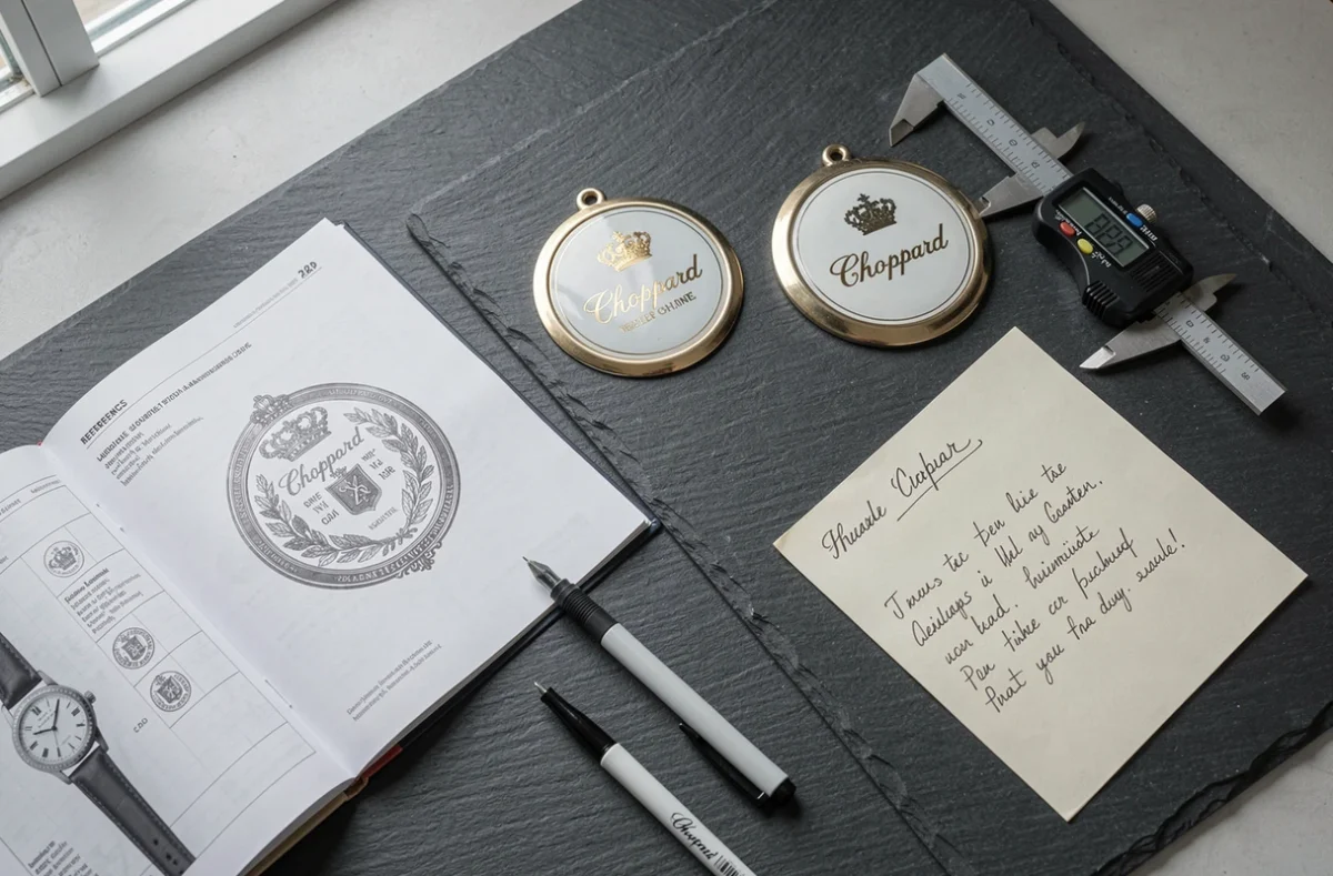 Flat lay professionnel d'outils d'authentification et de plaques émaillées Chopard pour identifier les différences entre originaux et reproductions