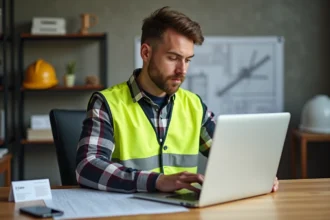 Jeune ouvrier en bureau avec ordinateur et plans