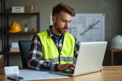 Jeune ouvrier en bureau avec ordinateur et plans