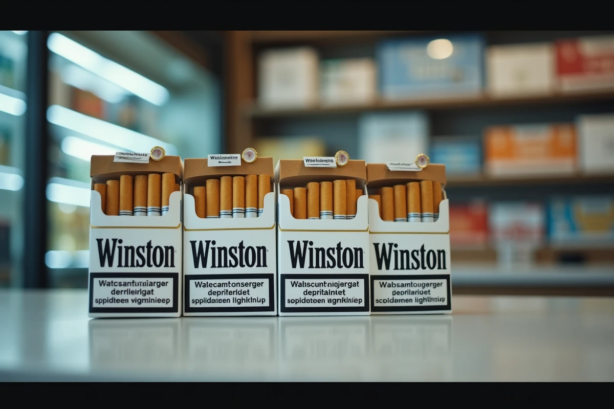 Paquets de cigarettes Winston alignés sur le comptoir d'un bureau de tabac au Luxembourg