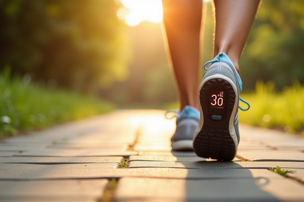 Vue rapprochée de pieds en marche sur chemin ensoleille avec tracker de pas