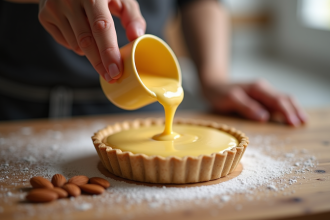 Mains d'un boulanger versant la garniture aux amandes dans une tarte crue