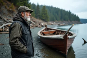 Pêcheur alaskien âgé face à la baie dévastée par le tsunami
