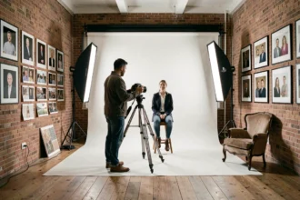Studio de photographie portrait professionnel dans le Pas-de-Calais, avec photographe et sujet devant un fond blanc