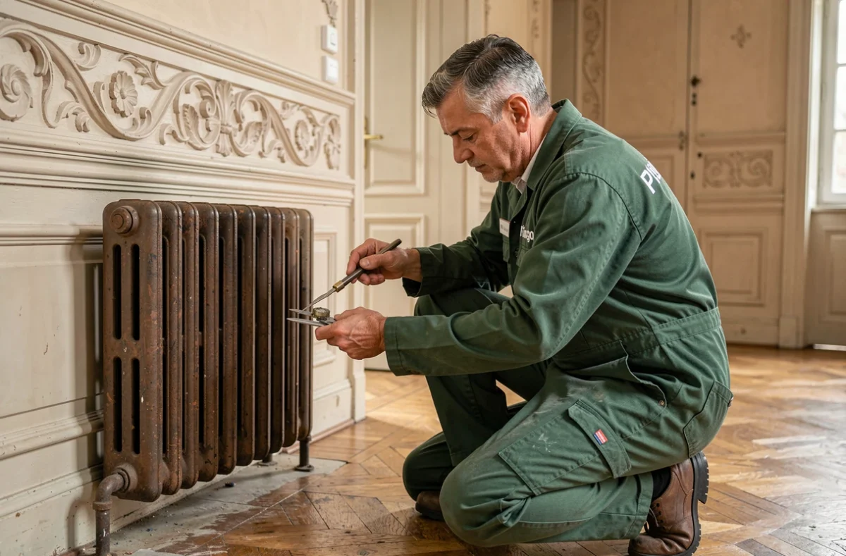 Plombier de Pingeon et Fils inspectant un radiateur fonte dans un appartement de style auvergnate à Clermont-Ferrand