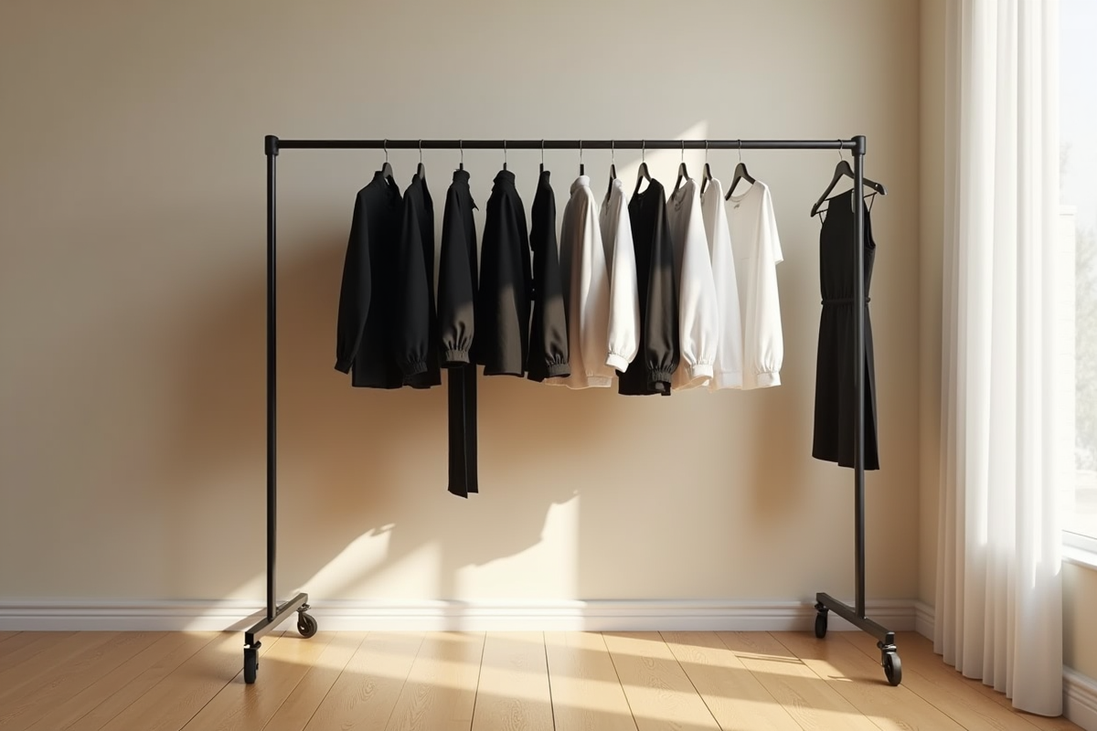 Portant avec vêtements monochromes noirs blancs et gris dans une pièce claire