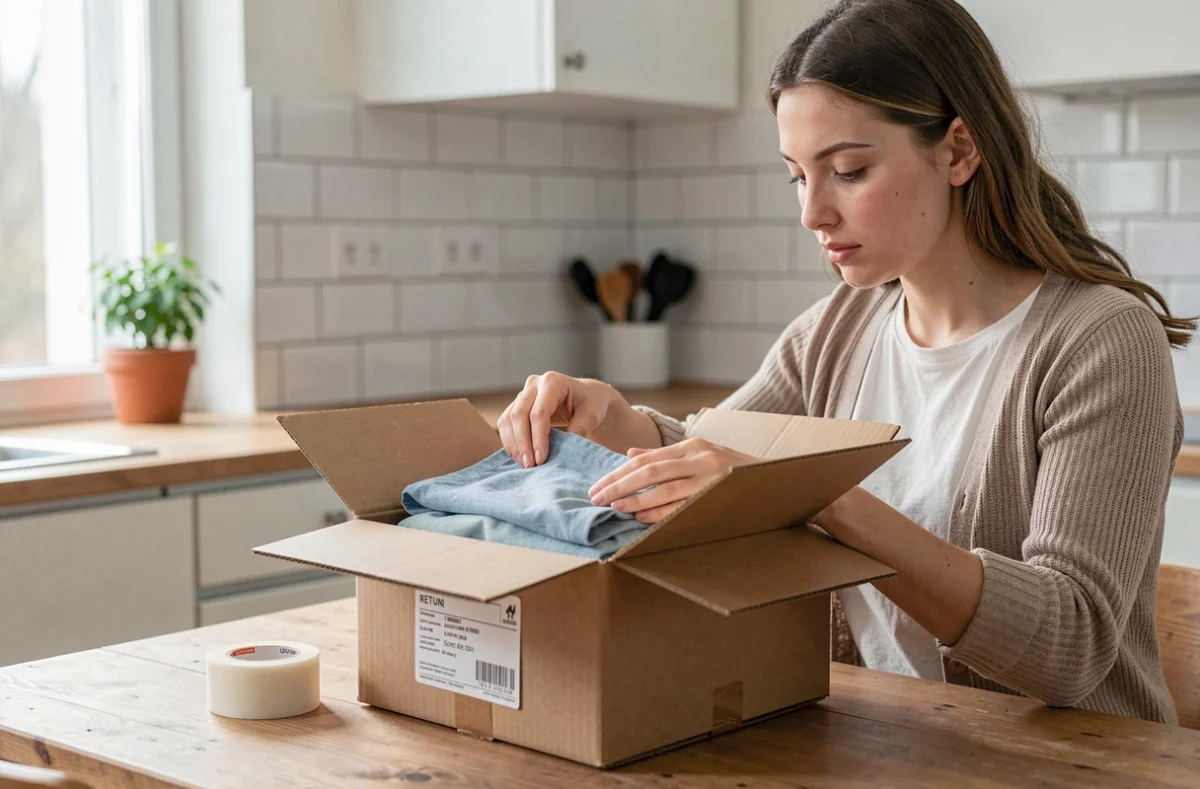 Jeune femme préparant un colis de retour de commande avec étiquette Colissimo à la maison
