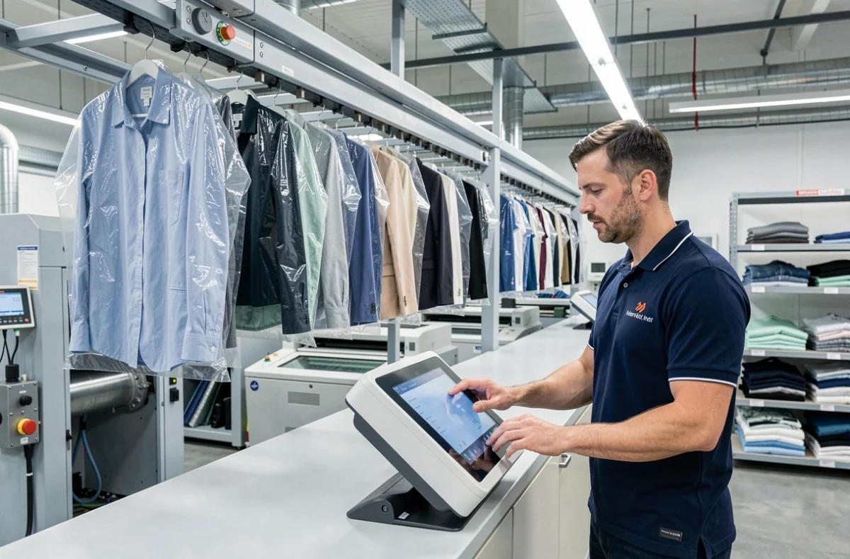 Système de convoyeur automatisé pour vêtements au pressing Aqualogia à Marne-la-Vallée