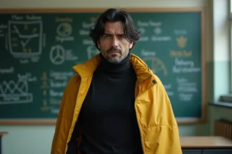 Professeur de héros à l'allure austère avec un sac de couchage jaune dans une salle de classe d'académie de héros, style réaliste