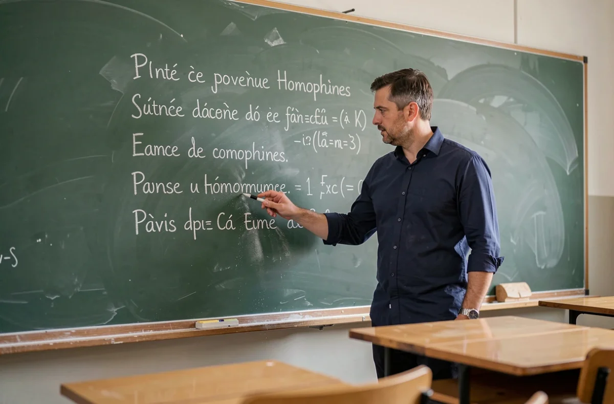 Professeur de français expliquant des homophones au tableau dans une salle de classe traditionnelle