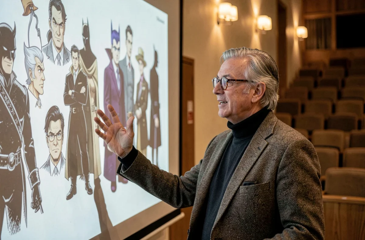 Professeur de cinéma présentant les méchants masculins Disney dans un amphithéâtre universitaire